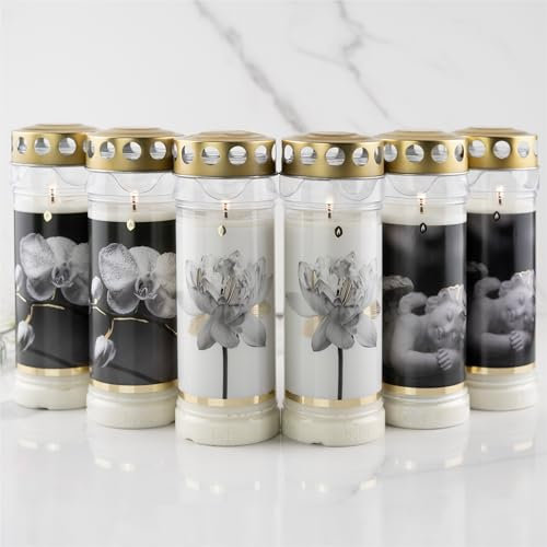 6er Set HOFER GRABKERZEN 7 Tage Brenndauer - Das Original [Gold Select] regenfest | Kerzen mit Deckel | Grablicht, Friedhofskerze mit Motiv | Kerzen für Grabdeko