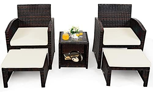 FANTASK 5er Balkonmöbel Set, Gartenmöbel Rattan Möbel, Balkonset inkl. Rattantisch und Stühle, Polyrattan Lounge Set mit Sitzkissen & Ottomane, Terrasse Sitzgruppe Sitzgarnitur Innen Outdoor (Weiß)