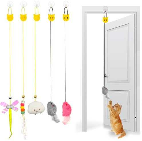 TOPBELIEF 5 Pack Cat Toys for Indoor Cats Adult Kitten Toys Interactive Cat Toy Door Hanging Cat Toy Mouse Caterpillar Cloud Dragonfly Design for Hunting Exercising Eliminating Boredom