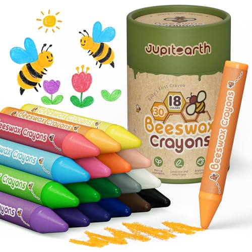 JUPITEARTH Jumbo Buntstifte 18 Ungiftige Babymalstifte aus Natürlichem Bienenwachs Wachsmalstifte Ab 1 Jahr, Unzerbrechlich Waschbare Sichere Kleinkindmalstifte für Kinder Malzubehör