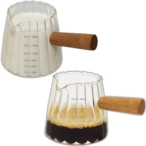 Nhemeylp 2 Pcs Espresso Measuring Glass 6oz, Shot Glass Measuring Cup with Wood Handle, Milk Frothing Pitcher Glass Side Pour Tea Pot for Milk Espresso Making