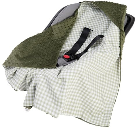 Medi Partners Einschlagdecke Baby Babyschale 100% Baumwolle für Sommer 85x85cm Kinderwagen Kuscheldecke universal Baby Decke Einschlagdecken Babydecke Buggy Autositz (Kariert mit olivfarbenem Minky)