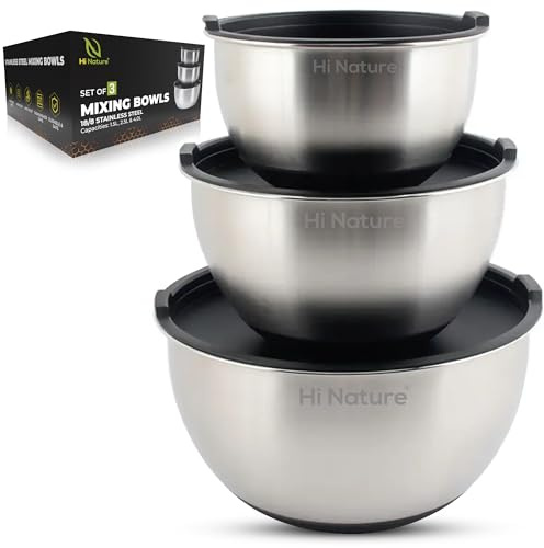 Hi Nature™ Stainless Steel Mixing Bowls with Lids Set, 3-Piece Mixing Bowls with Lids, Non-Slip & Stackable, Dishwasher Safe, Bowls with Lids, 1.6L, 2.1L, 2.8L