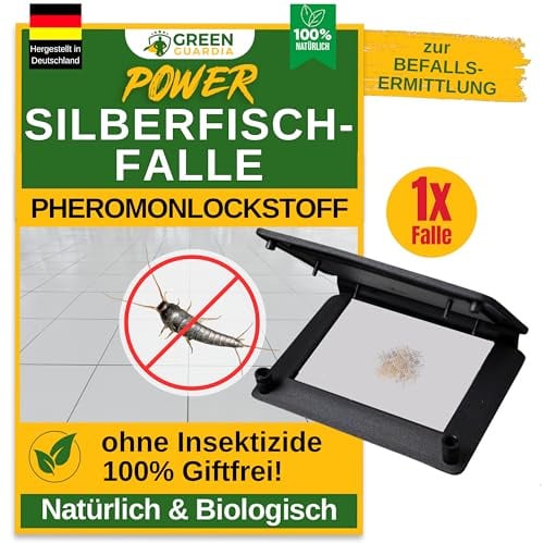 GREEN GUARDIA Silberfischfalle mit Pheromon-Lockstoff - 1x Falle - umweltfreundlich Silberfische bekämpfen, Chemiefreie Pheromonfalle mit austauschbaren Klebeflächen, giftfrei und geruchsneutral