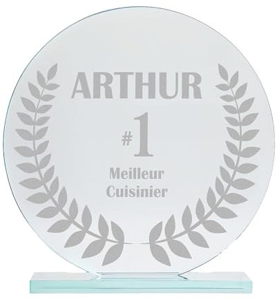KDO MAGIC - Trophée Personnalisable - Coffret Cadeau Inclus - Trophée Verre personnalisé - Texte, prénom ou Date gravé - Grand Rond - Anniversaire, récompense, Thème Top 1