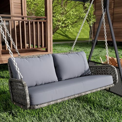 Laxnb Schaukelbank 2-Sitzer PE Rattan Hängeschaukel, 112x54x48cm Doppelsitz Gartenmöbel Balkonmöbel Terrassenschaukel, mit Kissen und 2 Ketten (240 cm/Stück), Gartenschaukel Veranda-Schaukel (Grau)