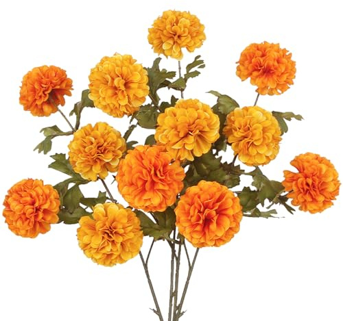 CEWUDA 4 Pcs Artificial Marigold Fall Flowers Fake Chrysanthemums Ball Flower Orange Silk Mums Flowers Branches for Home Decor Floral Arrangement Autumn Table Centerpiece