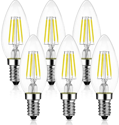 Levidon E14 LED Candle Light Bulbs, 6500K Cool White | Small Edison Screw (SES), Clear Filament, Non-dimmable, Pack of 6