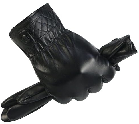 Long Keeper PU Lederhandschuhe Herren Winter Veganes Leder Touchscreen Thermo Warme Handschuhe Schwarz zum Fahren Motorrad Laufen Radfahren