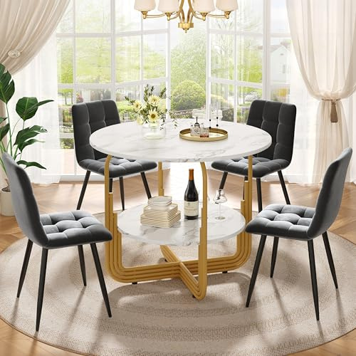 Aunvla Esstisch-Set (5-teilig), Esstisch-Set mit 4 Stühlen, Modernes Küchen, Runder Küchentisch mit 80 cm Durchmesser und goldenen Metallbeinen,MDF-Marmor-Tischplatte,Esszimmerstühle aus graue
