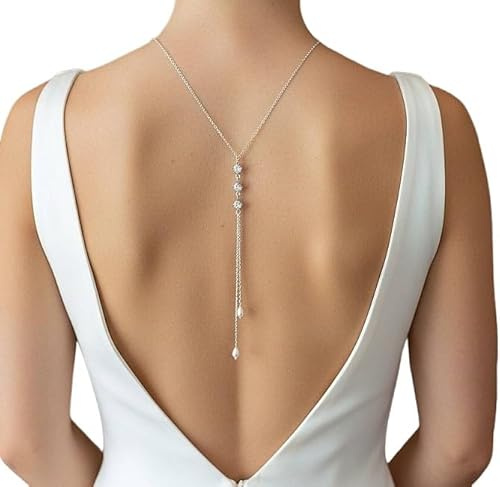 Générique Collier dos pour mariée, pendentif de dos ou sautoir de dos avec strass et perles goutte, collier de mariée fabriqué en France, bijoux sur mesure et personnalisables (ivoire)