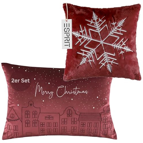Esprit Weihnachtskissen rot 2er Set – Kissenbezug Weihnachten Samtoptik Schneeflocke & Merry Christmas – 1x Deko Kissenhülle 40x40 & 1x 40x60 cm, kuschelig, weich, für Bett & als Geschenkidee
