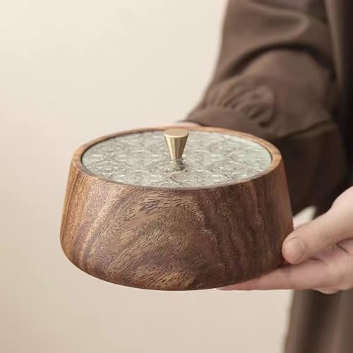 RichVibe Aufbewahrungsbox aus Holz für runde Schüssel, Walnuss, 13,5 x 12 x 7 cm, Snack-Obst-Aufbewahrungsbox mit Deckel, braunes Luxus-Nuss-Tablett für Zuhause oder Party