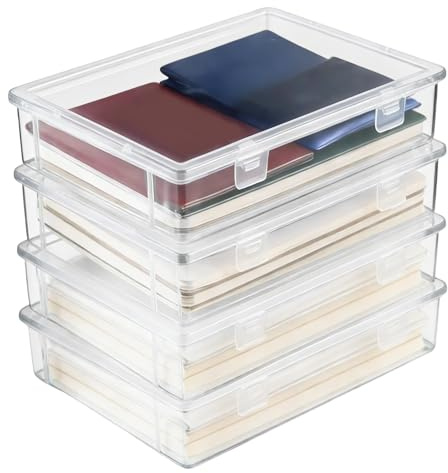 SNSYGN 4 Stück Aufbewahrungsbox Flach, Stapelbare Aufbewahrungsbehälter mit Deckel 23x17x5 cm, Tragbare Plastikbox Flach mit Snap-Dicht für Papier Schreibwaren Kosmetika Werkzeugteile