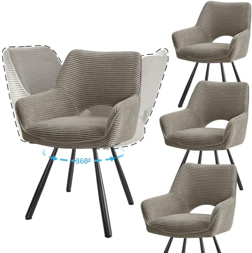 JIJIAN 4er Set 360° Drehbare Esszimmerstühle mit Armlehnen, Hellkaffeebraun | Drehbar Stühle Esszimmer mit Metallbeinen, Moderner Küchenstuhl aus Cord, Polsterstuhl für Esszimmer, Küche, Wohnzimmer