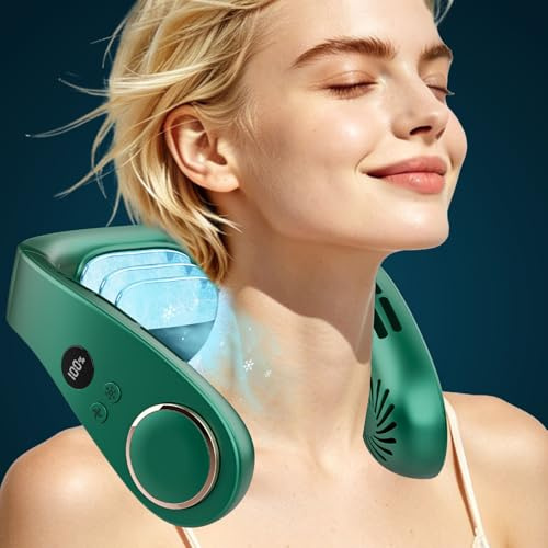 Kouric Ventilador de Cuello con Aire acondicionado Silencioso,5 Velocidades,5500mAh,Pantalla LED para Batería y Velocidad,Hasta 24 Horas,Portatil para Viajes, Oficina, Deportes y Exteriores-Verde