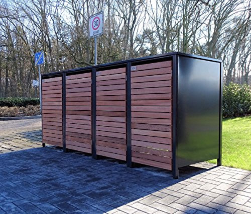 4 Mülltonnenboxen für 240 Liter Mülltonnen in Edeldesign Anthrazit - Edelholz / witterungsbeständig durch Pulverbeschichtung / mit Klappdeckel und Fronttür aus Edelholz