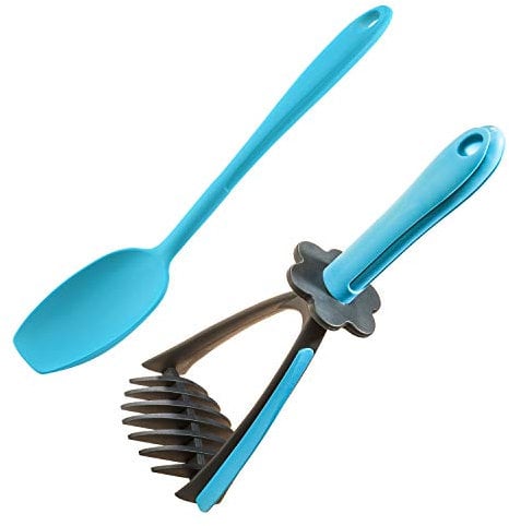 Kochblume Kartoffelstampfer & Soßenlöffel L 2er Set | Premium-Silikon | Hitzbeständig | Spülmaschinenfest | Farbe: türkis