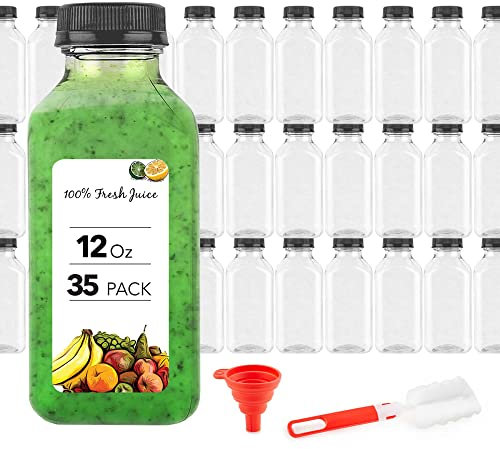 Juice Bottles with Caps for Juicing & Smoothies, Reusable Clear Empty Plastic Bottles with Caps, 12 Ounce Drink Containers for Mini Fridge, Juicer Shots, Small Water Bottles Bulk 12 oz (35 Pack)