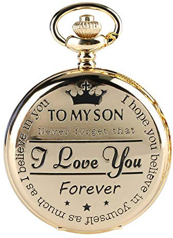 CokinkiDs Gravierte Quarz Taschenuhr Roman Numbers Display Chain Personalisierte Taschenuhr zu My Son Fob Watch