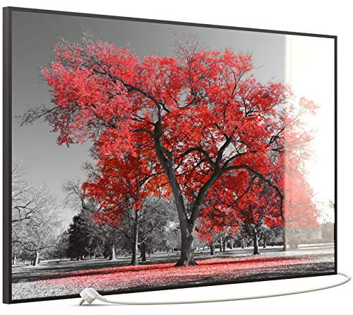 STEINFELD Heizsysteme® Glas Bild Infrarotheizung inklusive TS11 WiFi Thermostat | Made in Germany | Motive 010 roter Baum (900 Watt, schwarz)