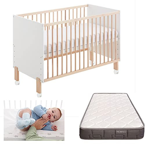 Cuna colecho 120x60 Umami con colchon Morfeo, Kit colecho para unirla a la Cama con Seguridad y 4 Ruedas. con normativa Europea y Pintura al Agua sin tóxicos CoolDreams