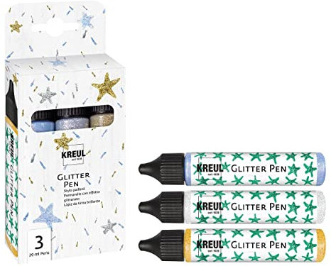 KREUL 49840 - Glitter Pen 3er Set, Glitzer Effektfarben im handlichen 29 ml Pen, zum Verzieren, Beschriften und Dekorieren von vielfältigen Materialien, hergestellt auf Wasserbasis