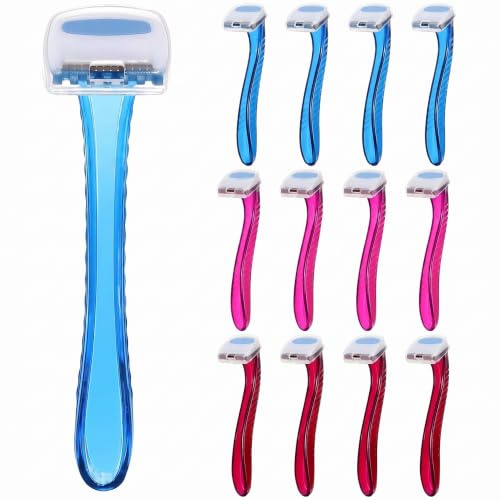 Honoson Lot de 12 rasoirs jetables pour bikini pour femme - Rasoir de type T - Accessoires de voyage durables - Pour épilation du corps - Outil cosmétique (bleu foncé, rose, rose foncé)