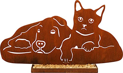 Craft&Style Edelrost Cortenstahl Gartendekoration mit Bodenschale Motiv Hündin und Katze