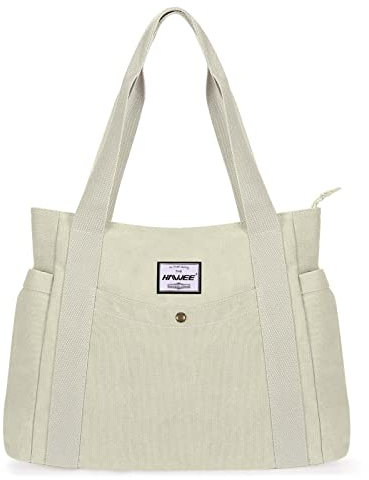 HAWEE Canvas Damen Handtasche Shopper Tote Bag Große Schultertasche mit Reißverschluss Umhängetasche RetroTragetasche Leichte Henkeltasche für Reisen Arbeit Schule Einkaufen Strand Alltag, Weiß