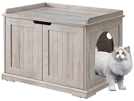 unipaws Cat Litter Box Enclosure Furniture, Wooden Litter Tray Cover, Sturdy Washroom Storage Bench, Indoor Cat House Weathered Grey