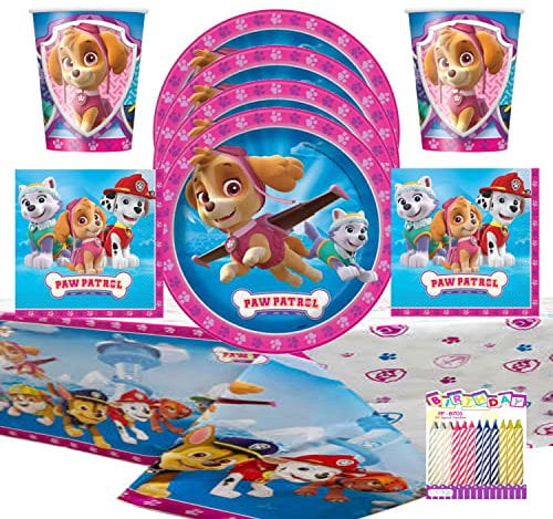 Paw Patrol Confezione di articoli per feste di compleanno per ragazze, per 16 persone: Paw Patrol Party Supplies – Paw Patrol Piatti da pranzo, tovaglioli, tazze e tovaglia con candele di compleanno