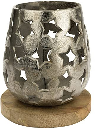 Nordstern Windlicht 'Sterne' aus Alu-Mangoholz - Ø 14,5 x 18 cm