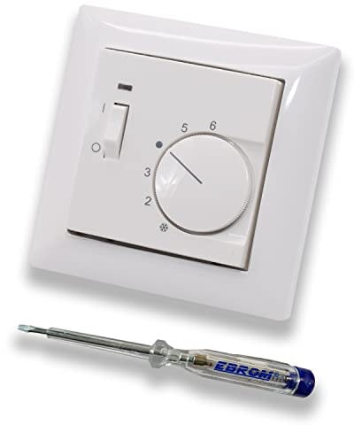 Halmburger Raumthermostat Raumtemperaturregler RTR-5513rg mit Schalter AN/AUS in Busch Jäger Balance SI alpinweiß im Rahmen + EBROM Phasenprüfer zur Montage des Geräts RTR-5513 (rg) Fußbodenheizung