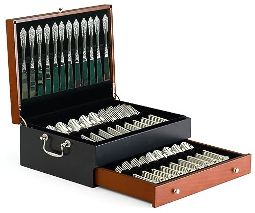 Boîte de rangement pour couverts argentés avec couvercle, doublure en feutre anti-ternissement, cloison et tiroir pour 14 personnes, chiffon de nettoyage inclus