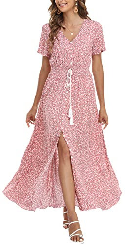 VOGMATE Femme Robe Chic Longue Col V à Fleur Manches Courtes en Coton Robe Maxi de Plage D'été,S