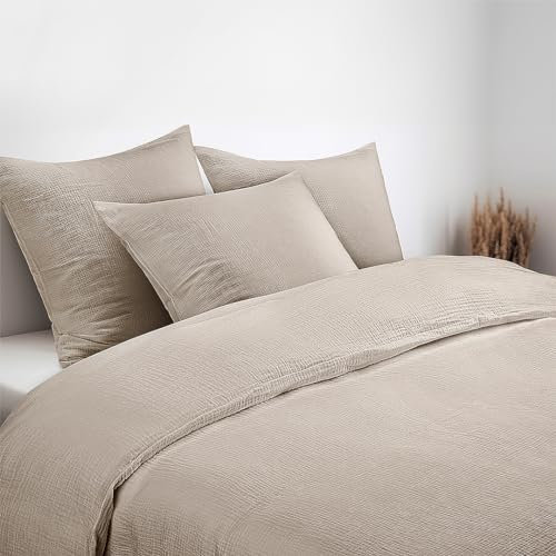 Bellevue Musselin Bettwäsche Beige 135x200 + 80x80 cm 2teilig, Premium Baumwolle, atmungsaktiver Bettbezug, optimaler Temperaturausgleich, bügelfreie Bettwäsche, Allergiker Geeignet, ÖKÖ TEX