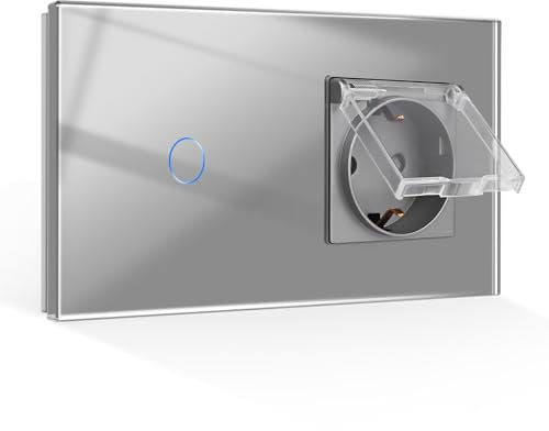 CNBINGO Interrupteur tactile avec prise étanche - Prise murale encastrée avec couvercle rabattable - Interrupteur mural en verre simple gris - Avec LED d'état - 500 W/compartiment - 1 compartiment