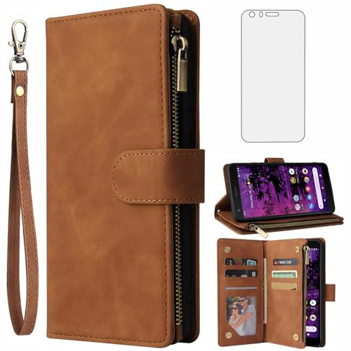 Asuwish Handyhülle für Cat S62/S62 Pro Hülle mit Folie Schutzfolie und Kartenfach Klappbar Leder Geldbörse Ständer S 62 62S Reißverschluss Schutzglas Panzerfolie Hüllen Schutzhülle Phone Case Braun