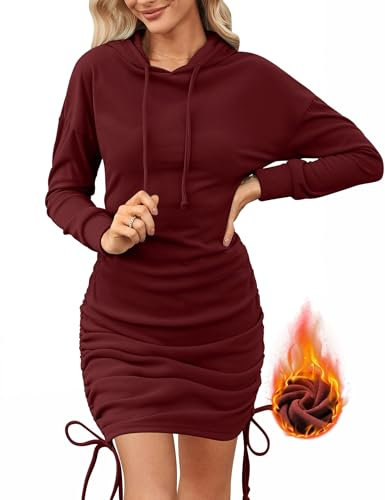 Aottori Felpa Lunga Donna Slim Fit con Cappuccio Vestito Felpe Casual Mini Abito a Maniche Lunghe Elegante Sweatshirt Lungo Sportivo Autunno Vino Rosso XL