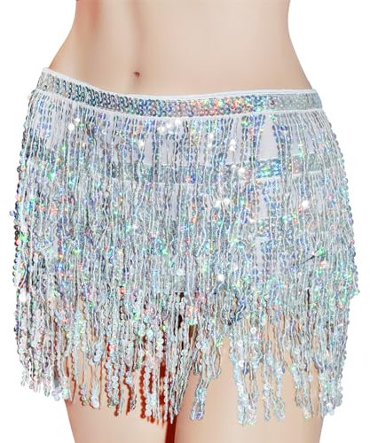 Glitzer Damen Rock Pailletten Bauchtanz Kostüm Mini Cowgirl Tanzkleid Rave Outfit Hüfttuch für Damen und Mädchen (DE/NL/SE/PL, Alphanumerisch, M, Regular, Silber)
