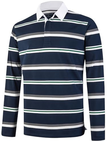 VANLYTK Mens Polo Shirts Striped Cotton Dri Fit Moisture Wicking Rugby Collared Casual Golf Apparel Shirts for Men, Navy Blue Stripe-long, XL