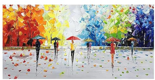 XIUWOUG Acrylbilder Handgemalte Ölgemälde auf Leinwand,Wandbilder Landschaft Abstract Romantik des regnerischen Sommers Wandkunst, Bilder Schlafzimmer, Wandbild Wohnzimmer,120x60cm(With frame)