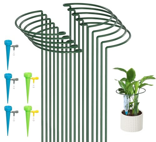 KAZITOO 10 Pack Large 50cm High Bow Garden Plant Support Stakes, Metal Half Round Flower Hoops Ring Cage with 5 Self Watering Spikes for Peonies, Hydrangea, Interlinking to Make Border, Rows, Circles