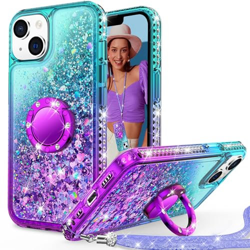 Unlicaku for iPhone 13 Case with Stand, Sparkle Glitter Case with Ring and Lanyard, Women Girls Luxury Cute Bling Diamond Protective Phone Cover for iPhone 13, Purple