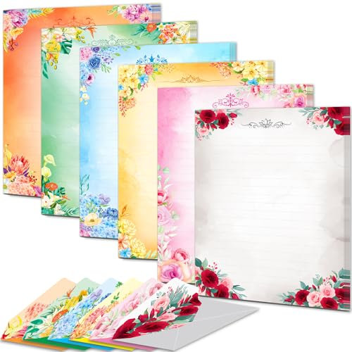 Anzon Mories Niedliches Briefpapier und Umschläge, A4, 60-teilig, 2 Seiten, farbig, 1 Seite liniert), 30 Blatt, 30 Umschläge, Kawaii-Buchstaben, Blumendekoration
