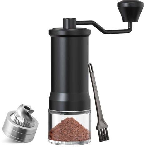 ELMWAY Manual Coffee Grinder – Stainless Steel Burr, Adjustable Coarseness, Dual-Bearing Hand Coffee Grinder, Portable Glass Jar & Pouch – Black