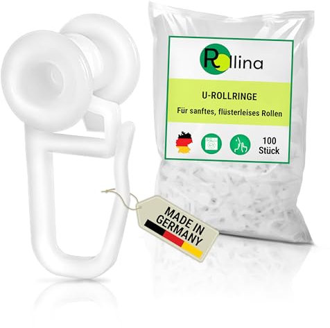 Rollina U-Rollringe | Gardinenhaken für Schienen mit ca. 3-8mm Innenlauf-Kanal | Gardinenrollen für U Schiene | Laufrollen | Vorhang Haken (100 STK.)