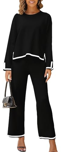 MessBebe 2-teiliges Sweatanzug-Set für Damen, langärmelig, Strickpullover, Oberteil, weites Bein, Hose, Lounge-Set, Trainingsanzug-Set