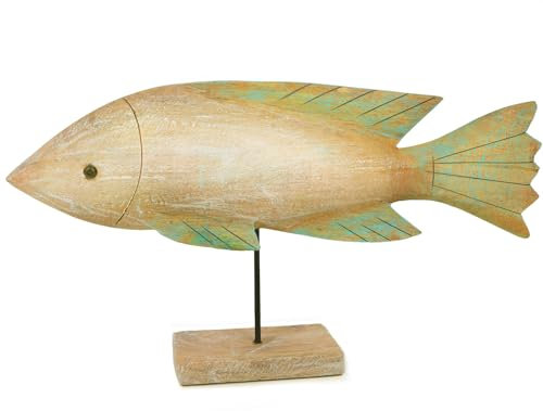 Logbuch-Verlag Große Holzfisch Figur zum Hinstellen 40 x 22 x 7 cm aus Mangoholz als mediterrane Holz Deko beige Mint türkis